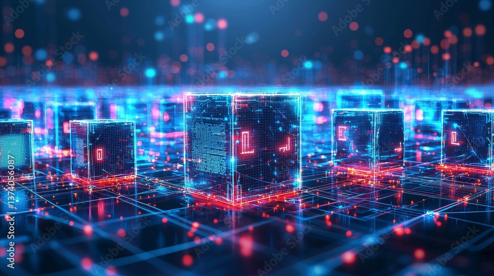 A digital landscape composed of glowing cubes illustrates a futuristic technology theme A digital landscape composed of glowing cubes illustrates a futuristic technology theme