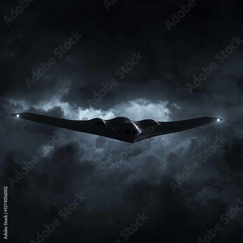An ultra-modern stealth fighter jet slices through the darkness of stormy clouds