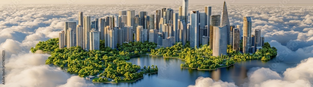 Fototapeta premium A breathtaking bird's-eye view of a futuristic metropolis nestled among the clouds, highlighting the perfect balance between nature and urban design