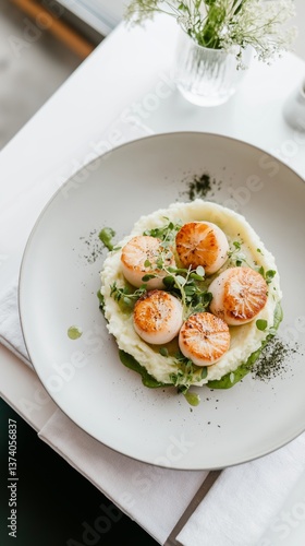 A plate of a smooth mashed potatoes topped with delicate scallops and fresh green herbs, scandinavian aesthetic