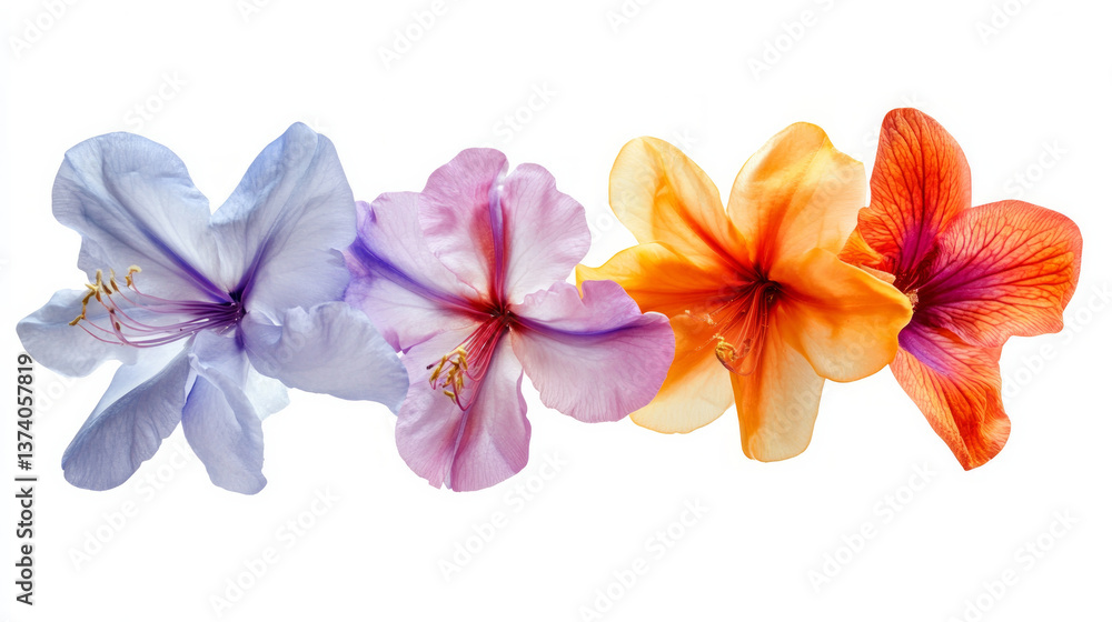Obraz premium Decorative flowers showcased in isolation on a clean white background highlight their delicate petals and vibrant colors. AI generative