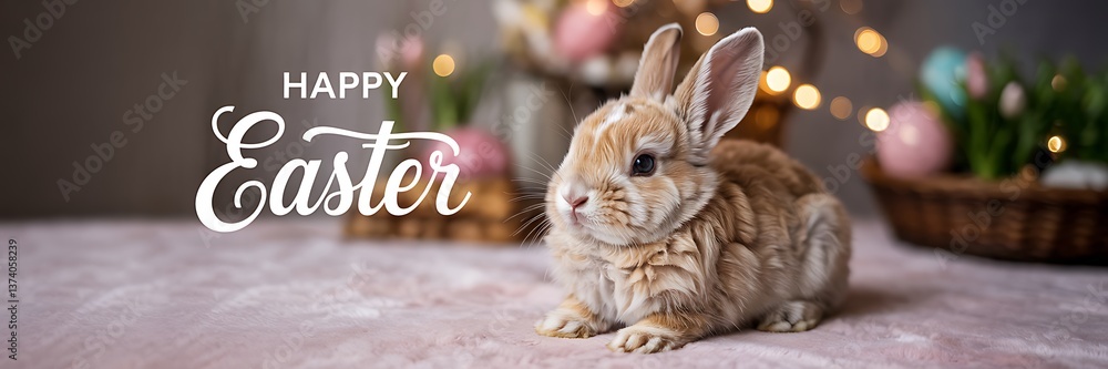 Obraz premium Adorable Baby Bunny Sitting on Soft Pastel Pink Fluffy Surface with Dreamy Blurred Bokeh Background in Warm Tones Perfect for Easter Celebrations Spring-Themed Designs Cute Animal Stock Photography