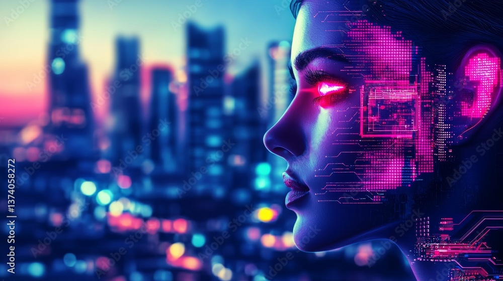 A futuristic image of a woman with a holographic-illuminated face, characterized by vibrant colors, embodies the transformative power of digital innovation in reshaping the way we communicate and A futuristic image of a woman with a holographic-illuminated face, characterized by vibrant colors, embodies the transformative power of digital innovation in reshaping the way we communicate and