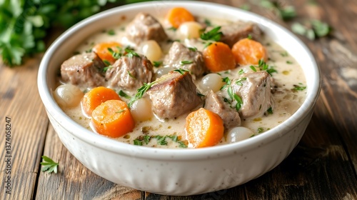 Traditional French blanquette de veau with creamy white sauce, carrots, pearl onions, and veal in