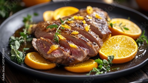 Sliced duck breast with orange sauce and citrus garnish on elegant black plate