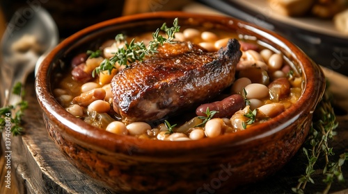 Rustic cassoulet with duck confit, white beans, and sausage, topped with fresh thyme in ceramic dish
