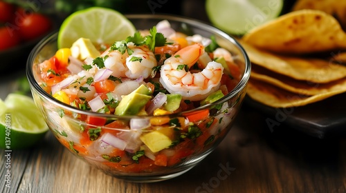 Mexican shrimp ceviche with avocado, tomato, onion, cilantro, and lime in glass bowl with tostadas