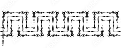 Monochrome abstract geometric seamless border. Black circle and curved lines. Parallel and perpendicular lines. Complex zigzag black shapes on white background. Clear strict ornament