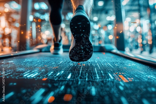 A futuristic fitness room is equipped with a treadmill and a cutting-edge interface for monitoring workouts and health metrics, embodying the concept of advanced technologies, virtual trainers, and