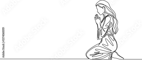 continuous single line drawing of woman praying on her knees, line art vector illustration