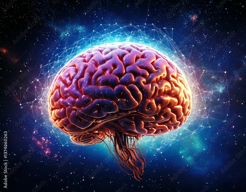 Fototapeta premium A surreal 3D brain floating in space, pulsating with cosmic energy, surrounded by spinning galaxies and glowing nebulae