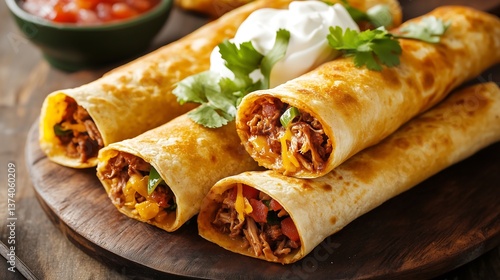 Crispy beef flautas filled with shredded meat and cheese, topped with sour cream and cilantro