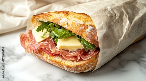 Rustic baguette sandwich filled with dry-cured ham, butter, and fresh arugula wrapped in parchment paper