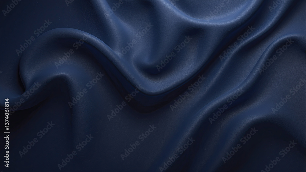 Obraz premium Elegant dark blue fabric draping softly on a flat surface, creating flowing waves and subtle textures in natural light