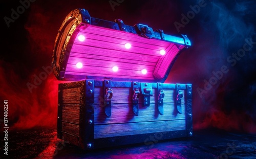 A dark background serves as the backdrop for an open silver treasure chest filled with a glowing pink light