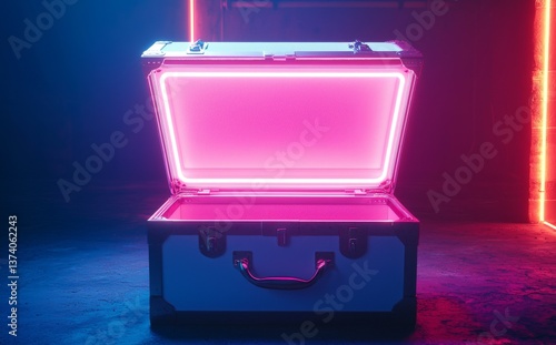 The dark room is home to an open white wooden chest that shines with a pink and blue glow