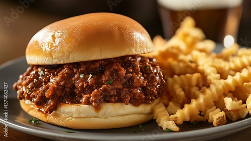 Classic sloppy joe sandwich with seasoned ground beef and crinkle-cut fries on plate
