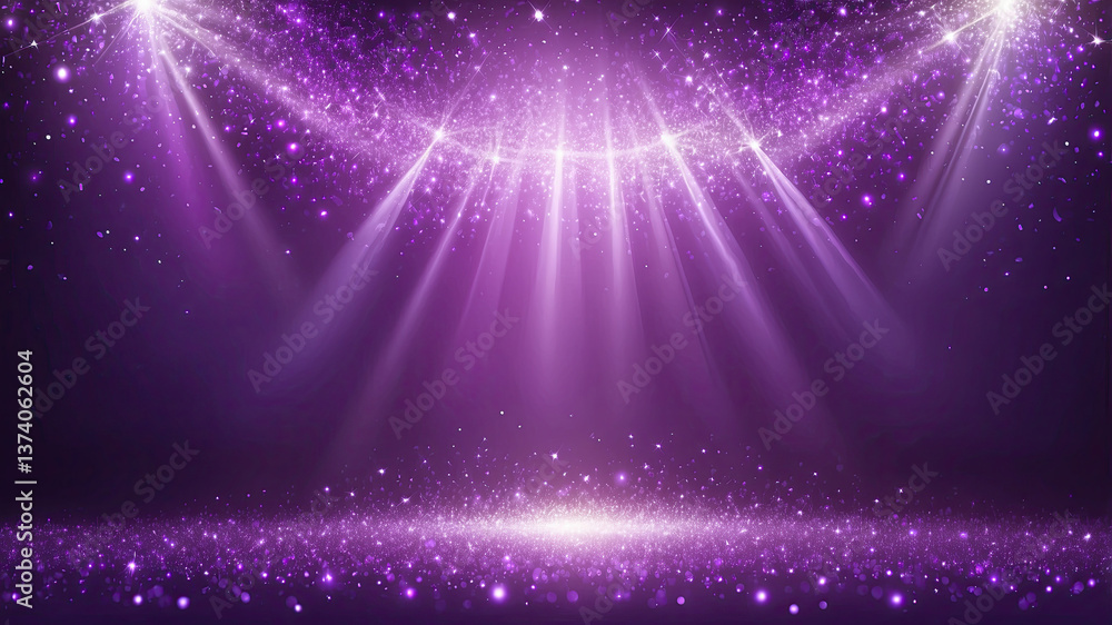 Fototapeta premium Bright purple spotlight with sparkling particles illuminating a stage for a captivating performance in an event space