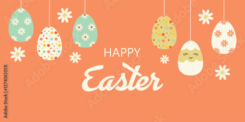 Happy easter greeting clipart banner. Easter egg hunt celebration clip art with eggs and flowers decoration elements for greeting card holiday background. Vector illustration seasonal banner.