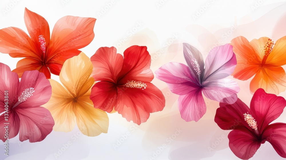 Obraz premium A whimsical watercolor composition of exotic tropical flowers, featuring bright reds, oranges, and pinks against a soft backdrop.