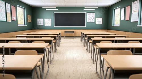 A wide-angle view of a modern classroom with desks neatly arranged, a chalkboard at the front, and educational posters on the walls.