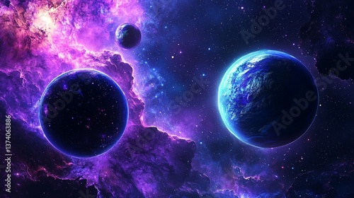 A dark retro futuristic art neon abstraction background featuring a 3D cartoon rendering of a glowing galaxy with blue circles and planets in a starry sky