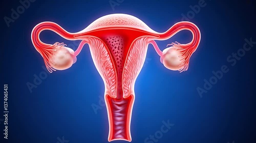 This educational representation showcases the female reproductive system, focusing on the uterus and ovaries. It is designed to enhance understanding of human anatomy and reproductive functions