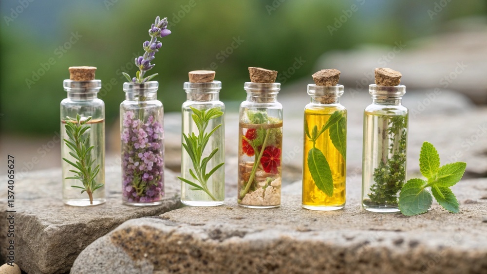 A line of small bottles filled with various herbs and oils, showcasing natural remedies and aromatherapy.
