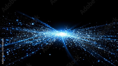 Abstract image of blue and white particles radiating from a central light source on a black background. The effect is dynamic and energetic.