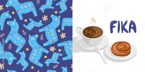Fika Time. Cup of Coffee and Kanelbulle. Dala Swedish Horse seamless pattern.Concept of a Cozy Coffee Time. Scandinavian. Vector Illustration.