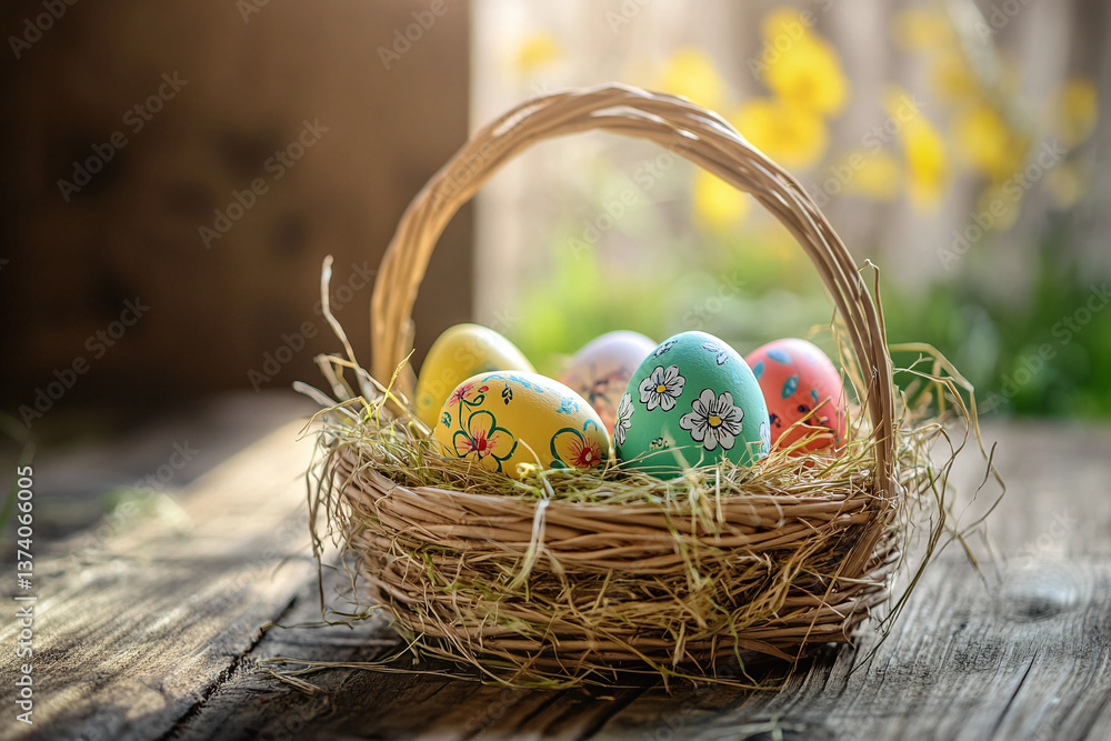 Obraz premium Rustic Easter basket with painted eggs, straw, and springtime decorations on wooden table