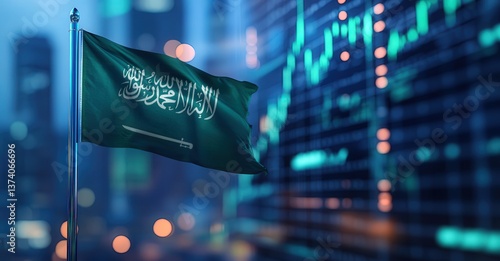 Saudi Arabian flag waves with a futuristic city backdrop and stock market graphics in the distance.