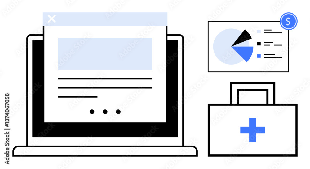 Laptop with medical data, chart, and healthcare kit with cross icon. Ideal for healthcare, analysis, technology, finance, medical research business organization. Flat simple metaphor Laptop with medical data, chart, and healthcare kit with cross icon. Ideal for healthcare, analysis, technology, finance, medical research business organization. Flat simple metaphor