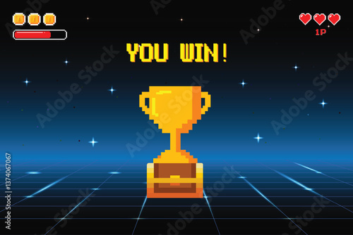"You Win" text with gold trophy on treasure chest. on dark blue background. retro game. for game assets in vector illustrations.