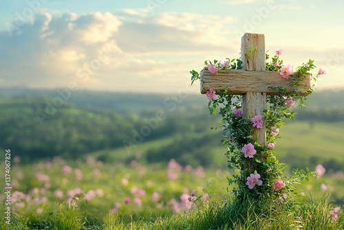 Fototapeta Naklejka Na Ścianę i Meble -  Rustic wooden cross with floral garland in field, rolling hills and flowers create peaceful and festive Easter spring scene