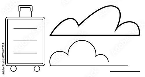 Rolling suitcase beside bold cloud outlines symbolizing travel, vacation, exploration, business trips, leisure, adventure, journey, and minimalistic style. Ideal for travel themes flat simple
