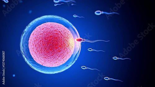 Brightly colored sperm cells swim towards a large egg in a dynamic portrayal of the fertilization process. This visualization captures the moment of potential new life