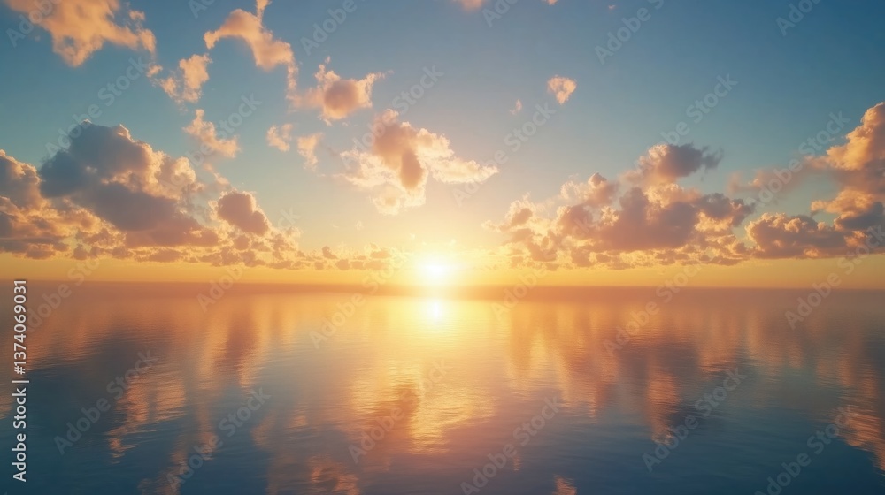Fototapeta premium The tranquility of a sunrise is mirrored in the calm water below, with gentle clouds painting the sky in soothing shades of blue and orange.