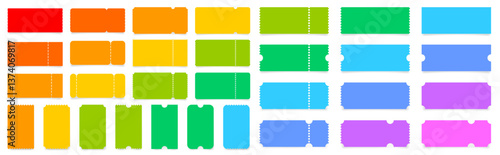 Set of multicolored ticket mockups with ruffle edges and shadows. Empty template. Concert, movie or theater ticket. Boarding blank, lottery, sale coupon. Rainbow palette
