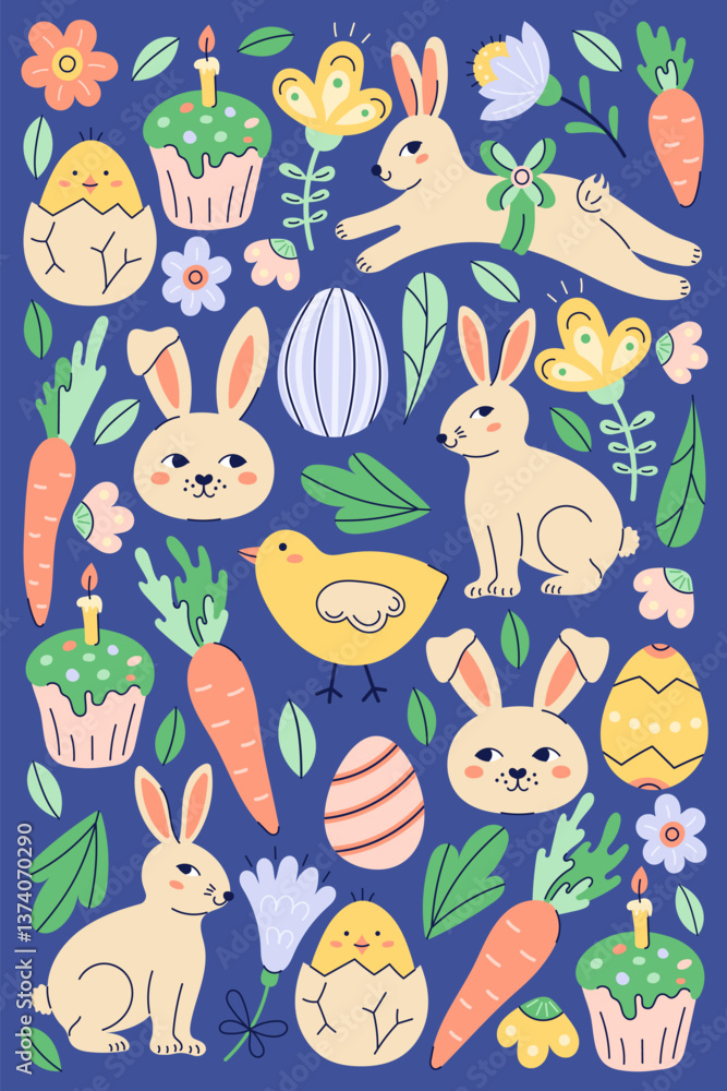 Naklejka premium Happy Easter vertical poster with bunny and different elements. Greeting hand drawn card on dark background. Flat illustration with partial outline. Isolated vector illustration.