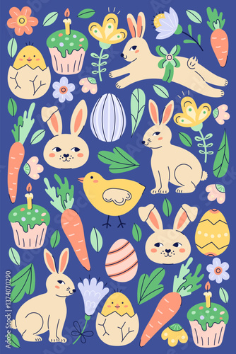 Happy Easter vertical poster with bunny and different elements. Greeting hand drawn card on dark background. Flat illustration with partial outline. Isolated vector illustration.