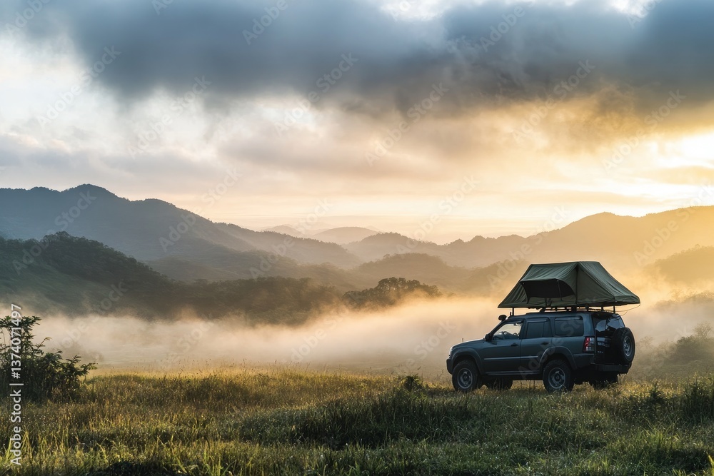 Fototapeta premium A compact SUV with a rooftop tent at sunrise, mist rolling over a mountainous landscape