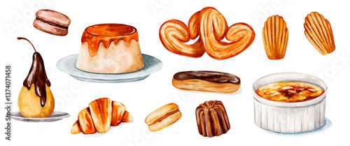 French Dessert Collection: Watercolor Illustrations of Poire Belle Hélène, Macaron, Flan, Croissant, Éclair, Crème Brûlée, Canelé, Madeleine, and More