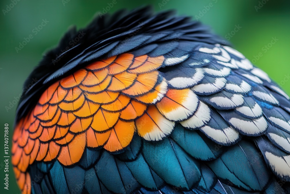 Obraz premium Close-up of vibrant bird feathers showcasing orange, blue, and black patterns, highlighting intricate natural beauty.