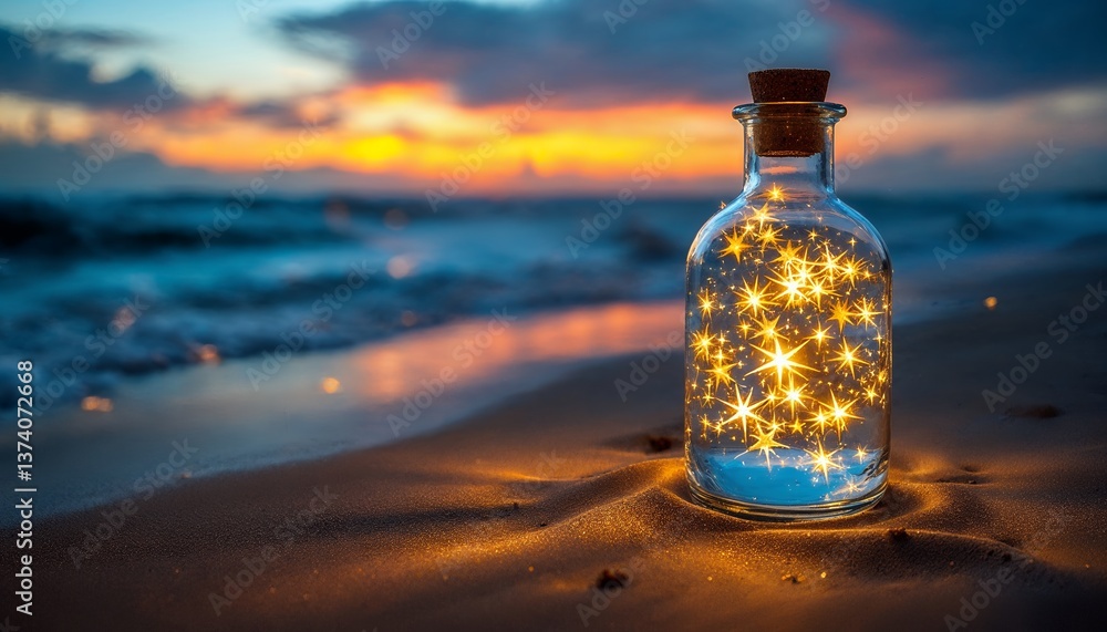 Glass Bottle Containing Stars on Sandy Beach at Sunset Creates Magic Glass Bottle Containing Stars on Sandy Beach at Sunset Creates Magic