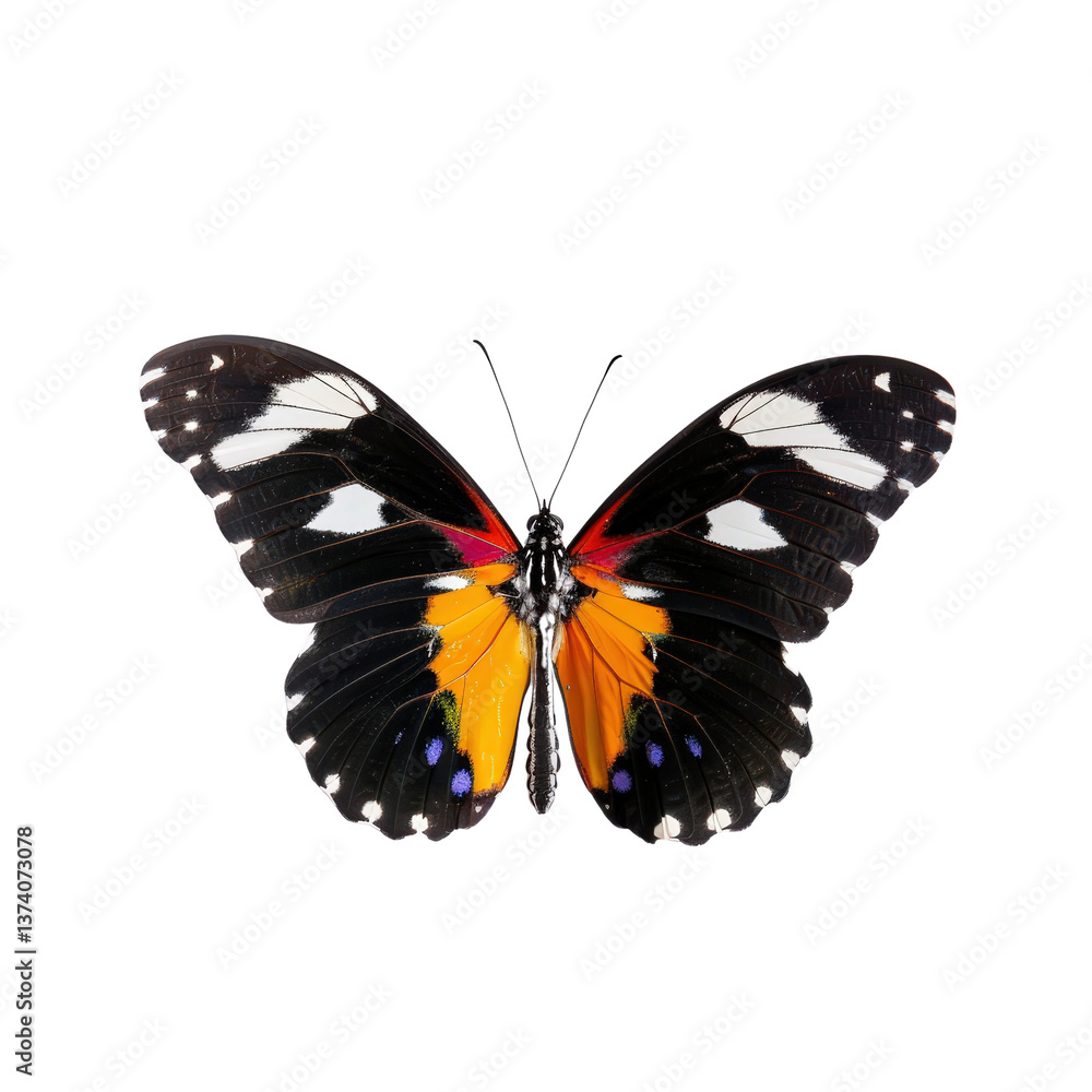 Obraz premium Vibrant Monarch Butterfly Displaying Colorful Patterns Against a Clean White Background