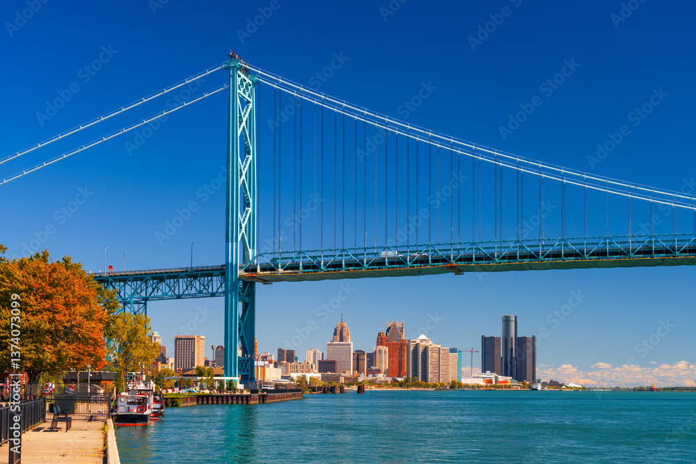 Detroit, Michigan, USA with the Ambassador Bridge which spans to Windsor, Ontario, Canada.