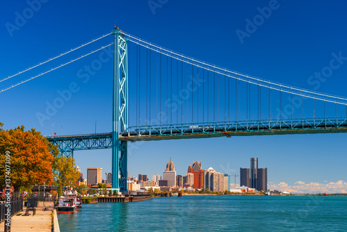 Obraz na płótnie Detroit, Michigan, USA with the Ambassador Bridge which spans to Windsor, Ontario, Canada. w salonie