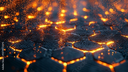 A modern and abstract digital design, comprising glowing hexagons arranged in a futuristic pattern, with a focus on the close-up details of the hexagonal structure, all displayed against a vibrant