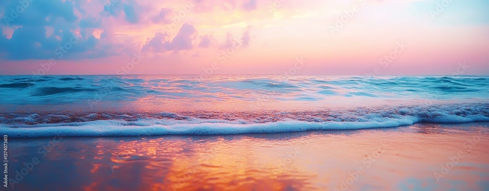 Fototapeta premium Gentle waves crashing A breathtaking sunset over the ocean, showcasing vibrant colors reflecting on the tranquil waves, creating a serene atmosphere.
